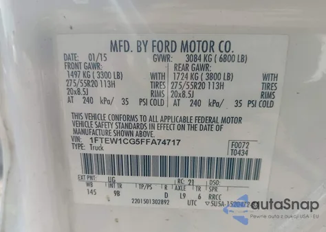 2015 Ford F-150 Platinum from USA, damaged, VIN 1FTEW1CG5FFA74717